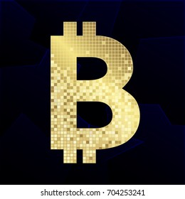 Gold colored bit-coin currency with pixels on isolated stained-glass black background. E-commerce technology and banking shining pixelated vector logotype template. Exchanging letter B.
