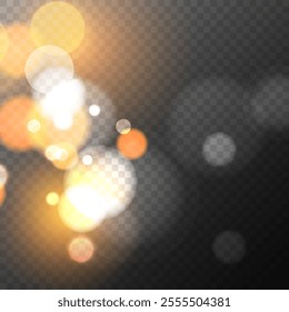 Gold colored bokeh lights. Bright blur light effect. Abstract blurred overlay template. Transparent background. Festive graphic template. Vector illustration.