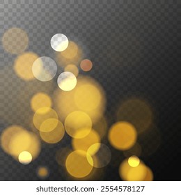 Gold colored bokeh lights. Transparent background. Vibrant blur light effect. Abstract blurred overlay template. Graphic template. Vector illustration.