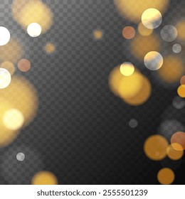 Gold colored bokeh lights. Vibrant blur light effect. Transparent background. Abstract blurred overlay template. Festive graphic template. Vector illustration.