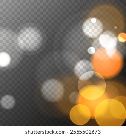 Gold colored bokeh lights. Vibrant blur light effect. Abstract blurred overlay template. Transparent background. Festive graphic template. Vector illustration.