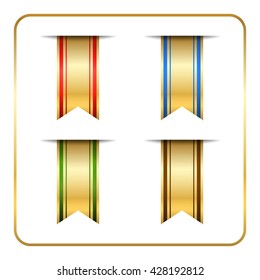 Gold and colored bookmark banners set. Golden vertical book marks labels isolated on white background. Flag symbol, sign. Design elements collection. Empty stickers. Template icons Vector illustration