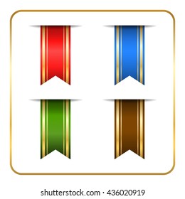 Gold and colored bookmark banners set. Golden vertical book marks labels isolated on white background. Flag symbol, sign. Design elements collection. Empty stickers. Template icons Vector illustration