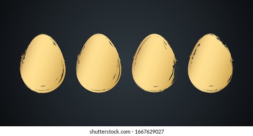 Gold colored brush stroke easter eggs set. Holiday collection for easter celebrate greetings and invitations. Vector illustration.
