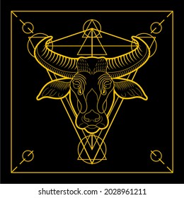 Gold Colored And Dark Esotheric Buffallo Totem Tattoo Line Art Drawing Poster And T-shirt Design Illustration