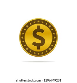 Gold colored dollar coin on white background. Currency icon design.