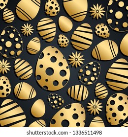 Gold colored easter eggs background. Holiday pattern for easter holiday greetings. Vector illustration.
