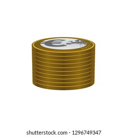 Gold colored euro coins stack on white background. Currency icons design.