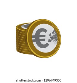 Gold colored euro coins stack on white background. Currency icons design.
