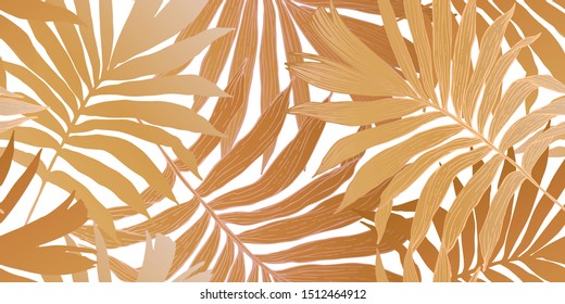 Las hojas de palma de ventilador de color dorado son un patrón sin fisuras. Fondo dorado de hojas tropicales. Siluetas y contornos de hojas de palma. Ilustración vectorial, esp10 para banner, papel tapiz, textiles, etc.