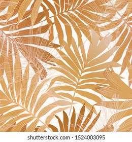 Gold colored fan palm leaves seamless pattern. Golden tropical leaf background. Silhouettes and outlines of palm leaves. Vector illustration, esp10