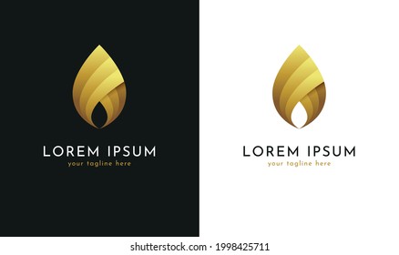 Gold colored fire flame or droplet icon. Golden logo vector design template.