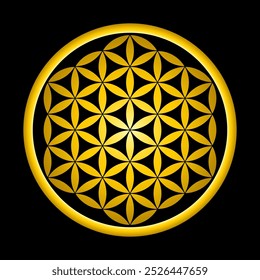 Gold colored Flower of Life over black. Geometric figure and ancient symbol used as ornament, decor and for spiritual meditation all over the world. Overlapping circles forming a flower-like pattern.