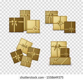 Gold colored gift boxes with golden ribbons and bows. Realistic presents isolated on transparent background. Vector illustration