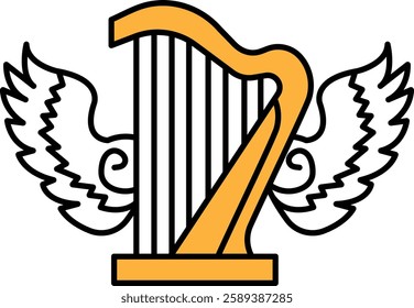 A gold colored harp with white wings is the main focus of the image. The wings are drawn in a stylized way, giving the harp a sense of flight and freedom. Scene is one of elegance and grace