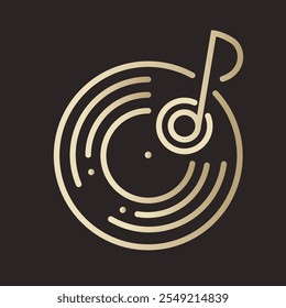 Ícone dourado com disco jockey player no fundo escuro. Gramofone, disco de vinil, dj, rádio retro. Estilo plano para design gráfico, logotipo, site, mídia social