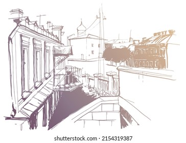 Gold colored ink and pen hand drawn sketch, traced vector. Urban landscape, ancient church, street pavement, residential buildings, entrance bridge to semi-basement apartment