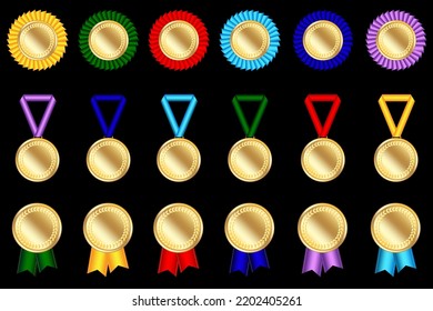 Gold colored medals on black background. Award prize, win award. Champion trophy, gold cup. Vector illustration. Stock image.