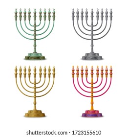 Goldfarbene, mehrfarbige und silberne Hanukka menorah, neunverzweigter Kronleuchter. Vektorgrafik.