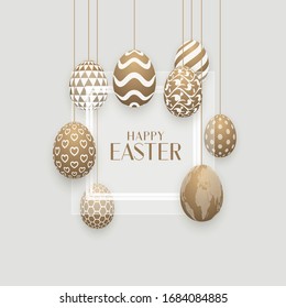 Gold colored patterned Easter eggs with glazed glass. Happy Easter banner design.