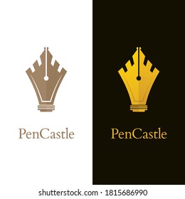 Gold colored pen icons with castle symbols. Luxury logo designs.