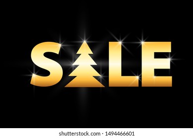 gold colored sale text with christmas tree isolated on black background, luxury holiday lettering, stock vector illustration design element