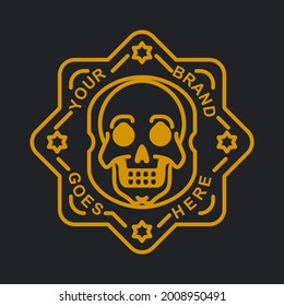 Gold Colored Skull Badge T-Shirt, Apparel, Clothing Brand Identity Lineart Logo