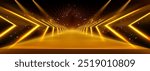 Gold colored stage runway with neon arrow lamps and spotlight for winner award ceremony or product presentation. Realistic 3d vector abstract show background with golden scene with light beams.