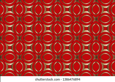 Gold and colored texture. Retro elegant flourishes ornamental frame design and pattern background. Seamless illustration for design. Golden patterns on red background