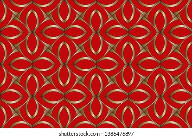 Gold and colored texture. Retro elegant flourishes ornamental frame design and pattern background. Seamless illustration for design. Golden patterns on red background