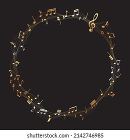 gold colored vector sheet music round frame - musical notes melody on black background