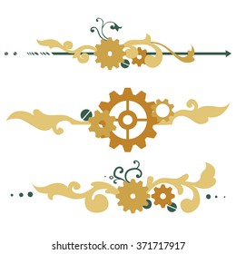 gold colored Victorian steampunk elements, curls and gears, white background, vector illustration