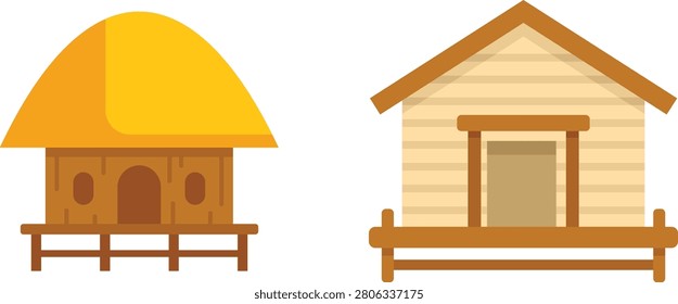 Gold colored wooden bench with red cushions and yellow roof shelter vector icon illustration