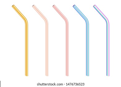 gold and colorful colored metal reusable bending drinking straws as alternative replacement to disposable plastic and paper tubes for vip party or day of birth, stock vector illustration 3d objects