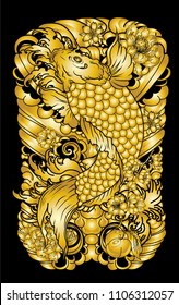 Gold color,Hand drawn and coloring book koi fish.Traditional Japanese carp with poppy flower and peach blossom on water splash background.Koi fish tattoo design.
