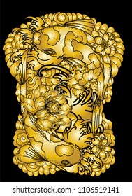 Gold color,Hand drawn and coloring book koi fish.Traditional Japanese carp with poppy flower and peach blossom on water splash background.Koi fish tattoo design.