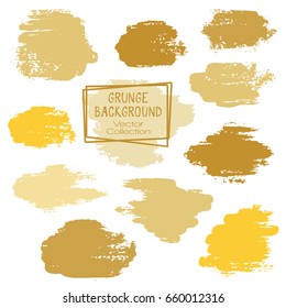 Gold colors paint dabs, hand drawn brush stroke backgrounds set. Vintage design elements vector collection. Ink stains, gouache, watercolor or acrylic paint texture. Retro brushstroke splashes band.