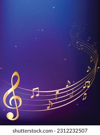 Gold colour abstract music notes with curves on blue and purple background , vector illustration