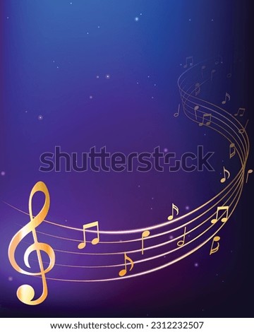 Gold colour abstract music notes with curves on blue and purple background , vector illustration