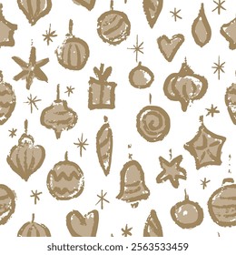 Gold Coloured Christmas baubles on white background, minimal hand drawn seamless vector pattern