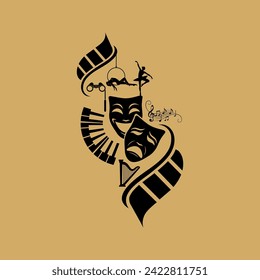 Gold comedy and tragedy masks with musical and film elements, Film and Theater, Movies, Circus, Entertainment, Music, Play, Cinema, Movies, Awards, Ticket
