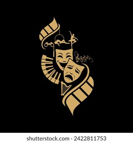 Gold comedy and tragedy masks with musical and film elements, Film and Theater, Movies, Circus, Entertainment, Music, Play, Cinema, Movies, Awards, Ticket