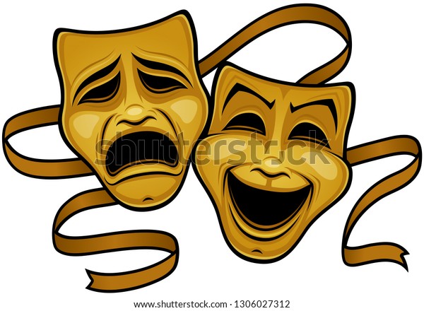 Gold Comedy And Tragedy Theater Masks. Vector\
illustration of gold comedy and tragedy theater masks with a gold\
ribbon. 