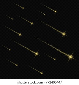 Gold Comets effect with glowing light. Golden falling meteorites isolated