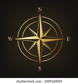 Gold compass icon. Vector illustration. Compass sign on dark background.