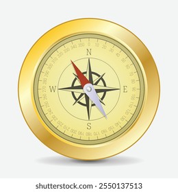 Gold compass icon. Vector illustration of a classic compass with shadow underneath