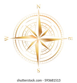 Gold compass isolated on white. Compass Icon Graphic. Wind rose. Vector Illustration.