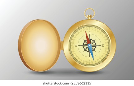 Gold compass with lid. Vector illustration of a classic compass with shadow underneath