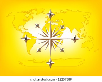 Gold Compass Rose World Map vector is hand drawn original artwork.