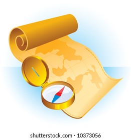 Gold compass and vintage map. Vector.